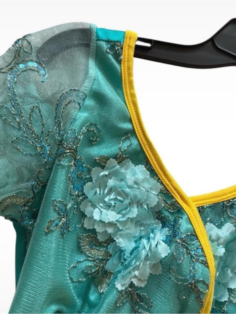 Girls Teal and Yellow Dance Costume with Floral Lace - Picture 3 of 4